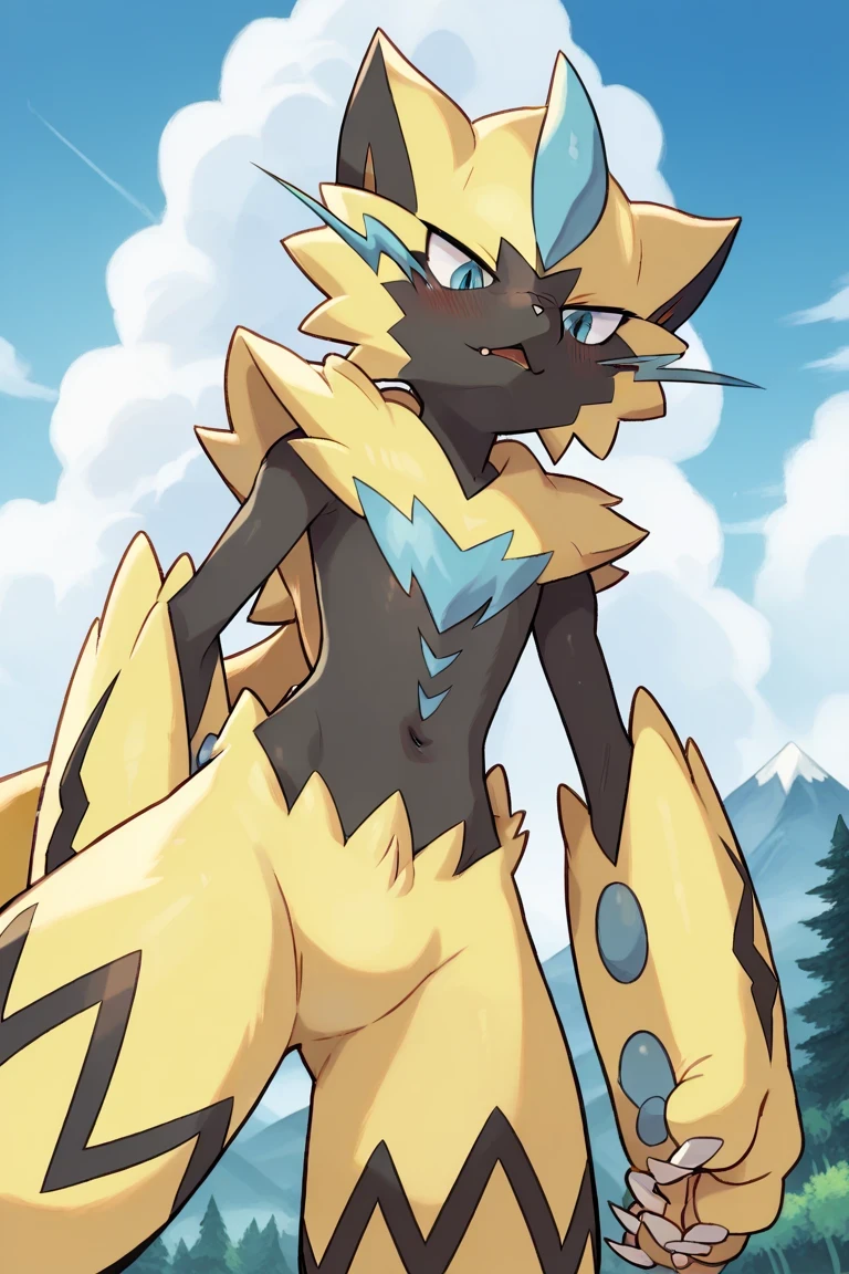 Zeraora Pokémon male , mountains, Sky Blue , white clouds , blue sky, in a forest, , aggressive look, WRITE LINES, Bipedal position, Alone, seen from below, looking down, in front, legs apart