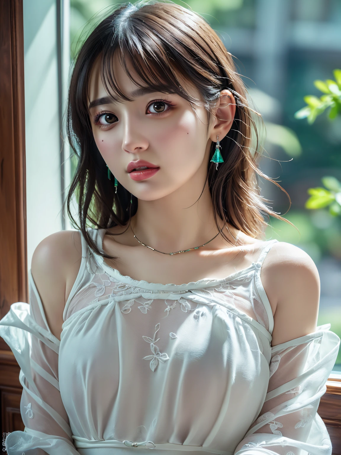 White lace dress,(See through)、,Small breasts, (((とてもエレガントでbeautiful, Perfect detail, Very detailed))), whole body, The most detailed girl, Written boundary depth, 美しくdetailedなwhole body, Thin legs, 1 person, 30 years old, Very short hair, Spiked Hair, Gray and silver hair, beautiful detailed hair, Perfect Face, Expressionless, beautiful, detailed, Deep Eyes, Please open your mouth a little, Delicate arms and hands, Pale skin, Earrings, beautiful and gorgeous necklace, Colorful background, HD background, Blurred Background, とても繊細でbeautiful, masterpiece, (((Highest quality, とてもbeautiful8K CG壁紙))), (((Medium Hair、Loose wavy hair))), (Inside the room,Stylish white interior,window)、Glowing Skin、Shiny Hair、