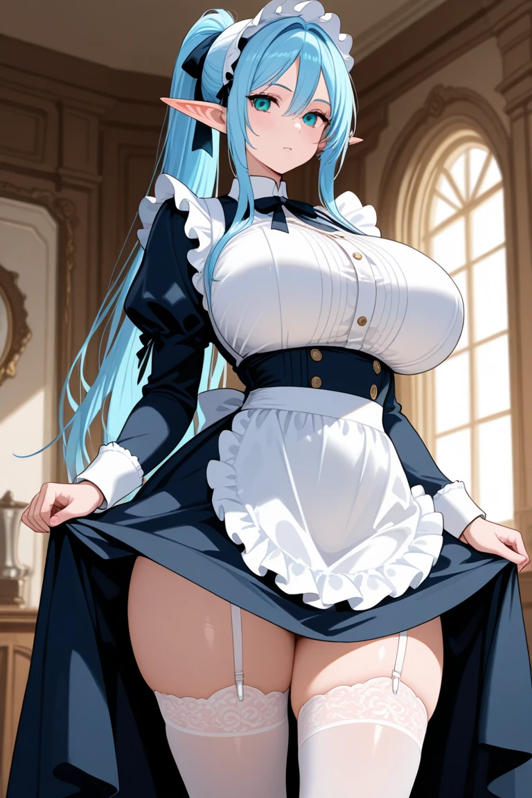 (masterpiece), best quality, Super detailed, Perfect hands, Perfect legs, Delicate eye expression, 1 Girl (assemble_Yaori, Sexy, 丰满Sexy身材, Huge breasts(((Cleavage)))8k, Wide hips, dark blue hair, Long hair, Eye(空洞的Eye)), Expressionless,open mouth,Saliva flows alone,, whole body,maid(Black, Mini skirt),maid headdress, skirt lift, In the middle of the night, Living room hallway(hidden, Only candles are glowing), walk,Sexy waist teasing,