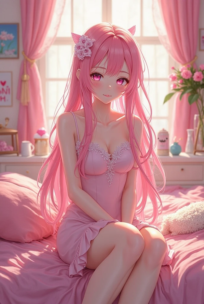 anime girl in pink dress laying on bed, loli in dress, hanayamata, splash art anime loli, ecchi, anime goddess, seductive anime girl, shirabii, cute anime waifu in a nice dress, shoujo manga, ecchi anime style, epic light novel art cover, marisa kirisame, small curvy loli, ecchi
