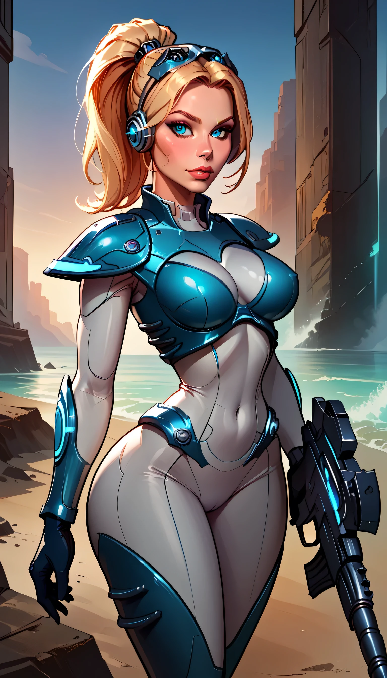(Details of a very beautiful face), (Best Quality:1.4), 8K resolution, High resolution, 1woman, Beautiful nova terra from starcraft, Beautiful Nova terra of the highest grade, Super beautiful detailed face, smooth skin, very detailed beautiful eyes, fine skin texture, Gloss on lips, thin waist, Large ass, seductive look, (masterpiece, best quality: 1.2), solo, 1girl,huge breasts, cleavage, seductive, sexy, hourglass figure, hourglass body, curvy, wide hips, skinny belly, skinny, thick thighs, nova Classic outfit , blonde hair, ponytail , (holding a sniper rifle)