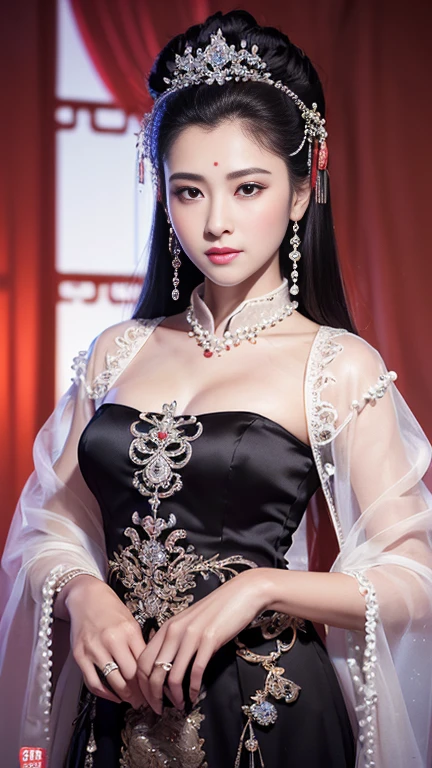 masterpiece, best quality, 1 girl, solitary, ((aldult)),(Huge breasts), Long hair,(Siamese transparent black silk),Happy, Looking at the audience, (precise、Perfect face shape:1.3),(Beautiful five fingers),(Crotch front display),Ultra HD,Ray Tracing,,reflected light, Correct structure,The award-winning,High Detail,Reduce shadow contrast,Facial lighting ,Cinema Lighting,masterpiece,Super Detail,high quality,High Detail, best quality,16K,High contrast,Close-up of woman, Queen of the Sea Mu Yanling, A young woman playing, Chinese Empress,, Chinese Princess