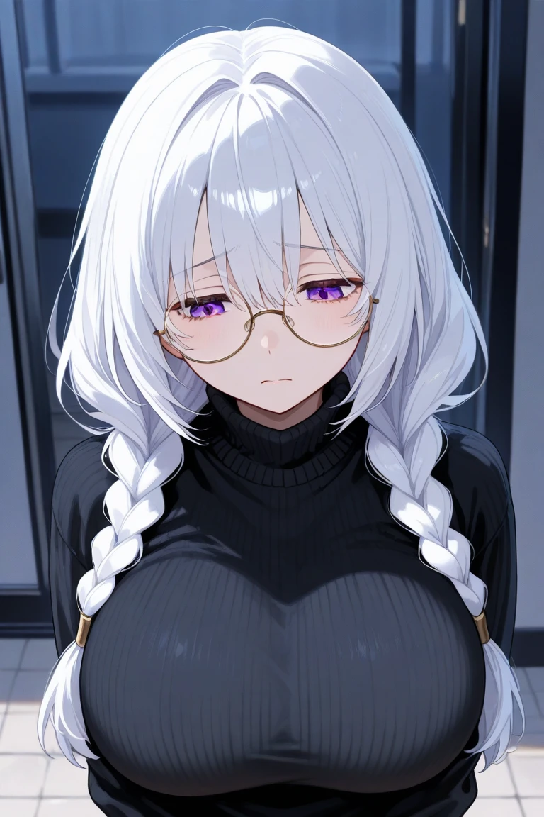 1girl, solo, long_hair, blindfold, white_hair, window, breasts, upper_body, smile, indoors, book, bangs, covered_eyes, lips, black_blindfold