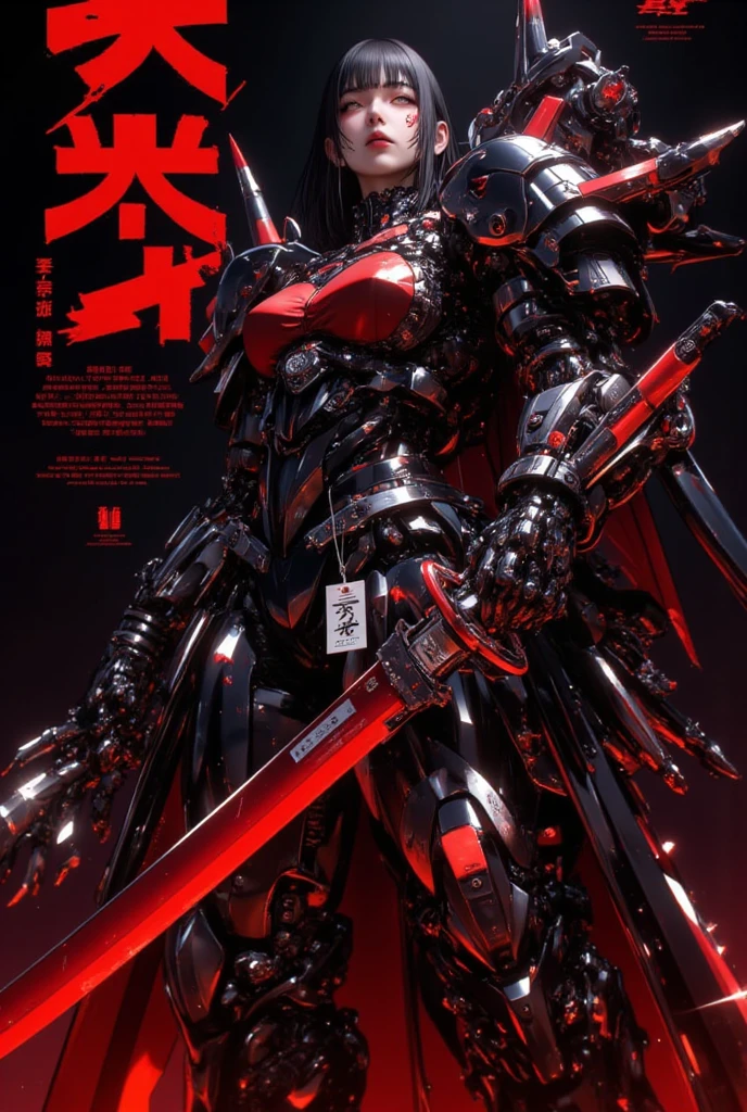 Dark_Fantasy,Cyberpunk,1manMechanical marvel,Robotic presence,Cybernetic guardian, samurai mechanical armour, katana on the waist, absolutely stunning art,wearing a black cloak, highest quality art, highest resolution, hyper detailed,black white and red, character design sheet