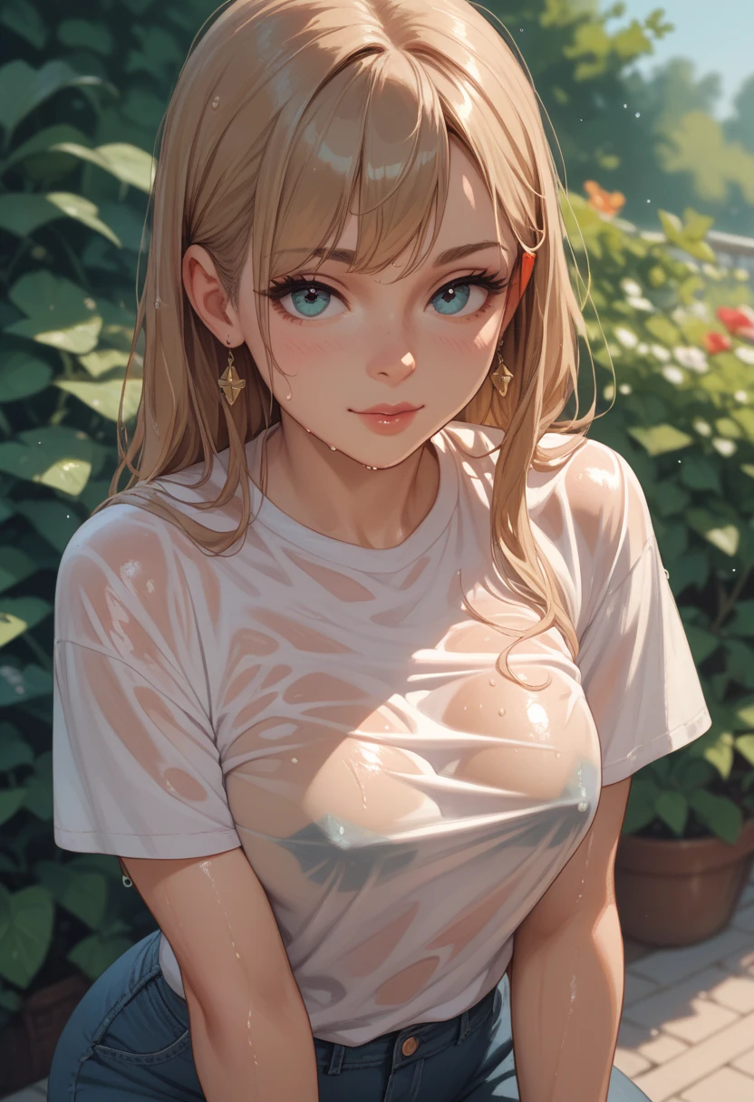 (masterpiece), (top-quality), sunset, natural lights, (1 girl), large tanned breasts, wet skin, sweaty skin, wavy blonde hair, translucent t-shirt, stunningly beautiful girl, in a natural environment with wet sheets and trees, sunset, Top resolution, soft lightning sultry look, seductive