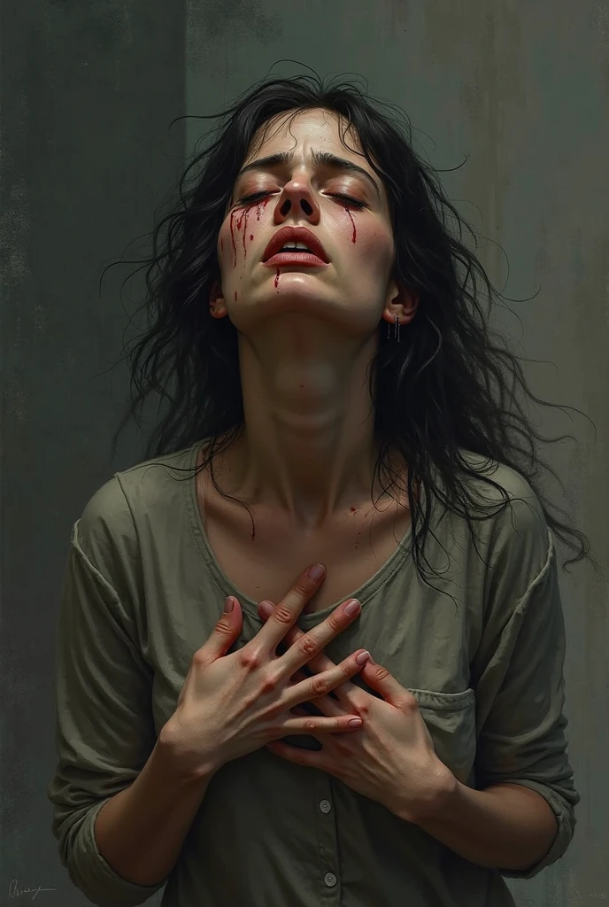 Girl having thorns in his neck and having hand on chest pain drawing
