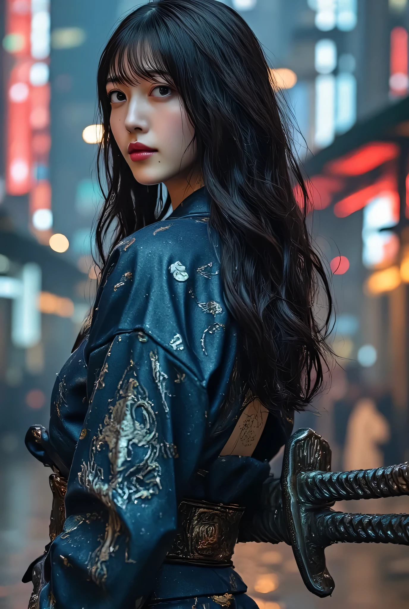 a samurai girl half cyborg, gothic outfit, with tatto, red lip, full body, dynamic pose, gloomy battlefield background, dark fantasy, horror vibe. gogeous hairstyle, dreamy gothic girl