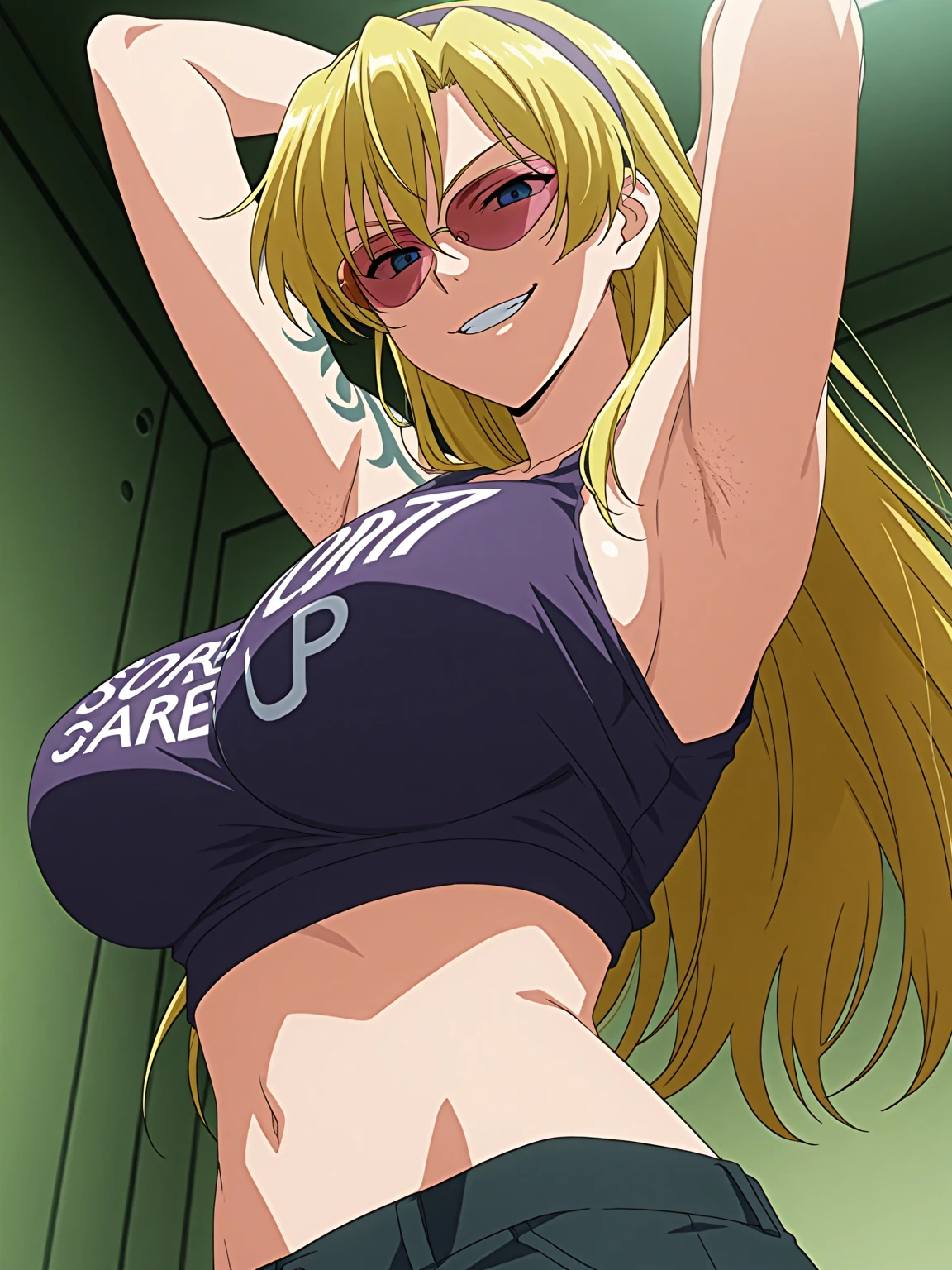 masterpiece, best quality, detail hair, detail eye, detail face, detail hand, detail legs, detail body,(large breasts:1.3),, Kou Yagami, Black Shirt, jeans, clavicle, Grin, Grin, Hands on hips,pov,1boy,penis,:>=,oral,fellatio