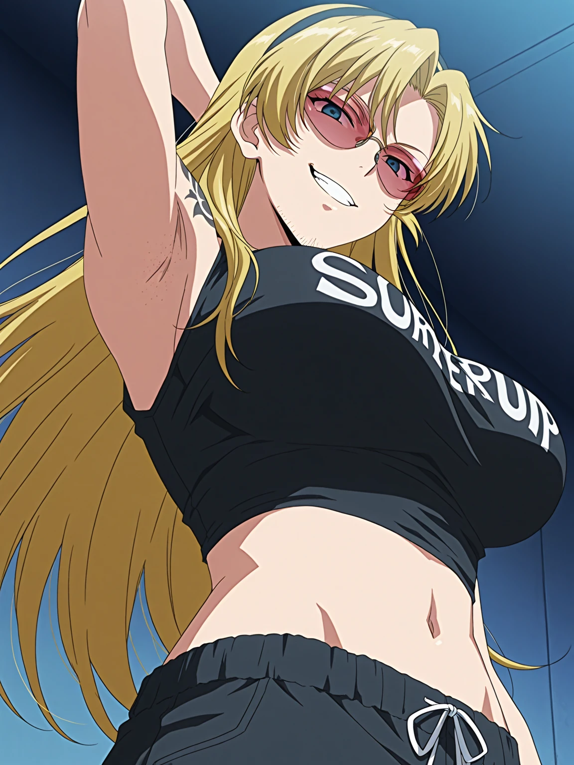 HIBIKI SAKURA, LONG HAIR, BLONDE HAIR, HAIR BETWEEN EYES, TWINTAILS, (GREEN EYES:1.3), FANG, DARK SKIN, DARK-SKINNED FEMALE, GYARU, 1girl, solo, full body, facing viewer, (looking at viewer:1.5), in the center, smile, SHIRT, CLEAVAGE, BARE SHOULDERS, COLLARBONE, SHORTS, BLACK SHIRT, SHORT SHORTS, TANK TOP, RED SHORTS, BLACK TANK TOP, chubby, naked stomach, wet skin, chubby stomach, nipples, pussy, pussy juice, (beautiful detailed eyes:1.6), extremely detailed face, perfect lighting, extremely detailed CG, (perfect hands, perfect anatomy),