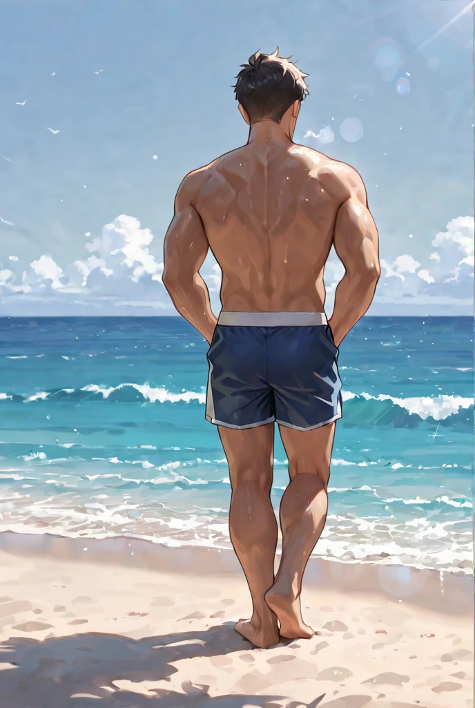 Young guys,Handsome,very muscly,Hairless body,Detailed eyes,swimming trunks,At the beach,sunbeams,mature,Facial hair,looks at the viewer,full - body,Unoccluded