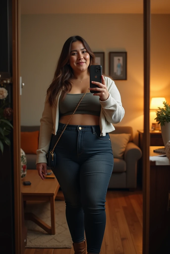 chubby mature thic bbw mexican milf (46 fifty-six years old) hotwife,brown hair, chubby belly, with sexy black dress v-neck , black dog collar, in clothing fitting room with husband, with boyfriend,smiley expression , selfie photo style