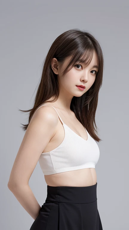 best quality, photorealistic, 8k, high res, 1girl, woman, (skindentation), (portrait:0.6), gorgeous, ((whitebackground, sport bra, small breast:1.85)), (long brown hair, parted bangs:1.6), looking at viewer,  (1girl eyes looking at viewer:1.6), photorealistic, (bokeh), (smile:1.3), gorgeous, pureerosface_v1:1,  <lora:mikami yua v2:0.6>