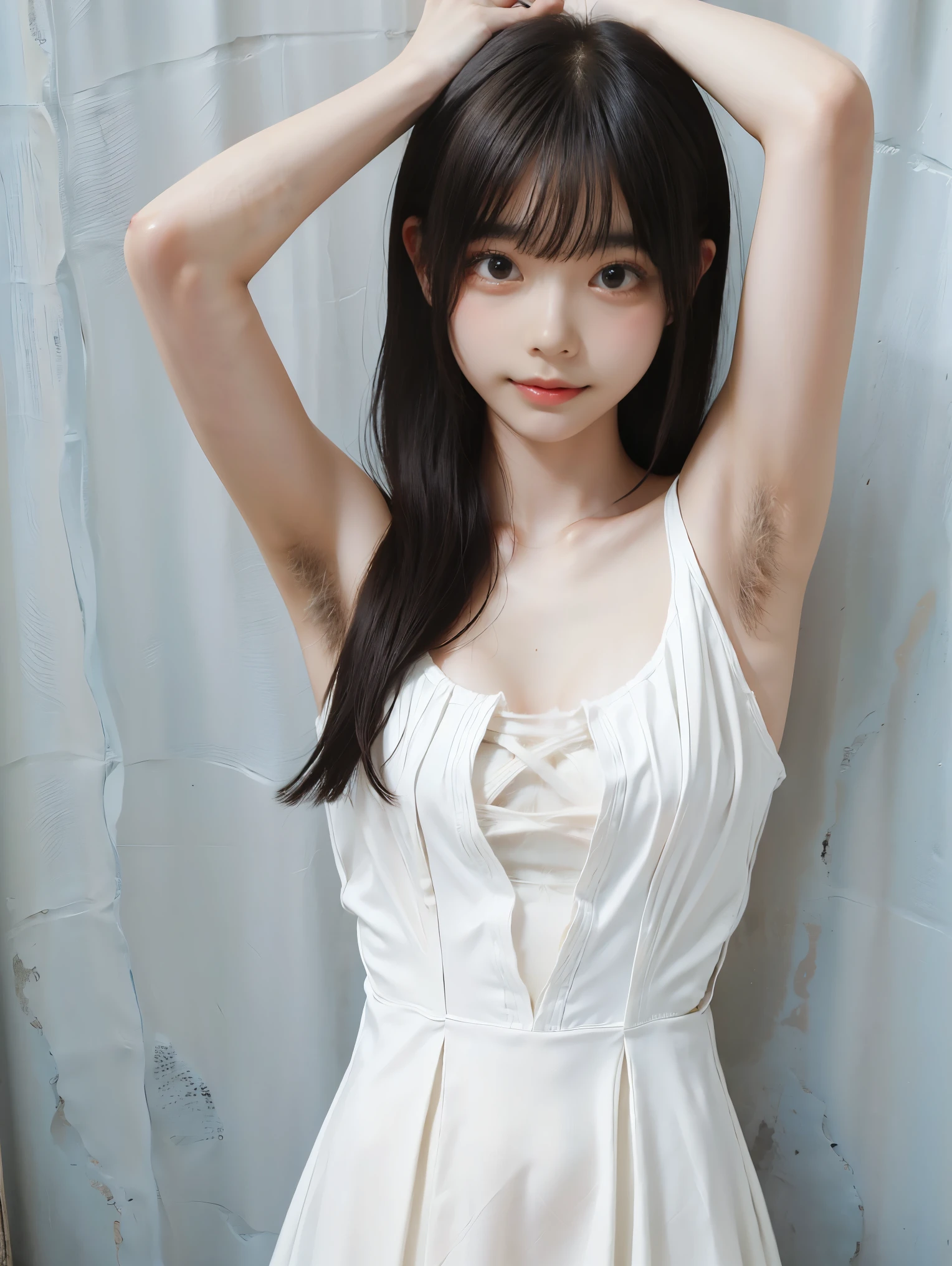 1girl, portrait, (Japanese girl, hairy armpit exposed, hairy armpits, armpit hair:1.4), ((white summer dress, cleavage)), (thin body), pale skin:1.2, (blush, smile, Half-open mouth:1.3, parted lips), empty room, white wall, studio lighting, looking at viewer, Realistic, (real picture, Intricate details), natural skin texture:1.5