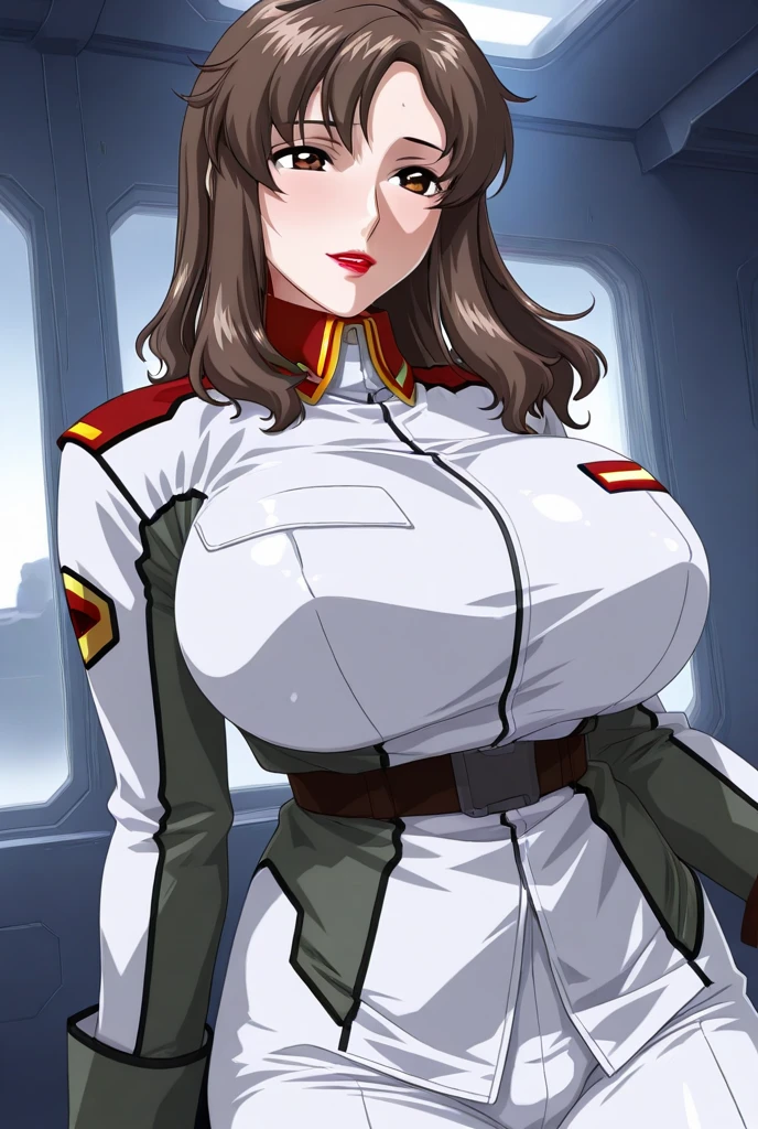 masterpiece, best quality, High resolution, Calm 1, 1 girl, alone, (Black_pantyhose:1.1), army uniform, army, cosmetics, White shirt, White Skirt, tight skirt, sitting, Upper Body, cockpit, space, Smile,Large Breasts,Sexy