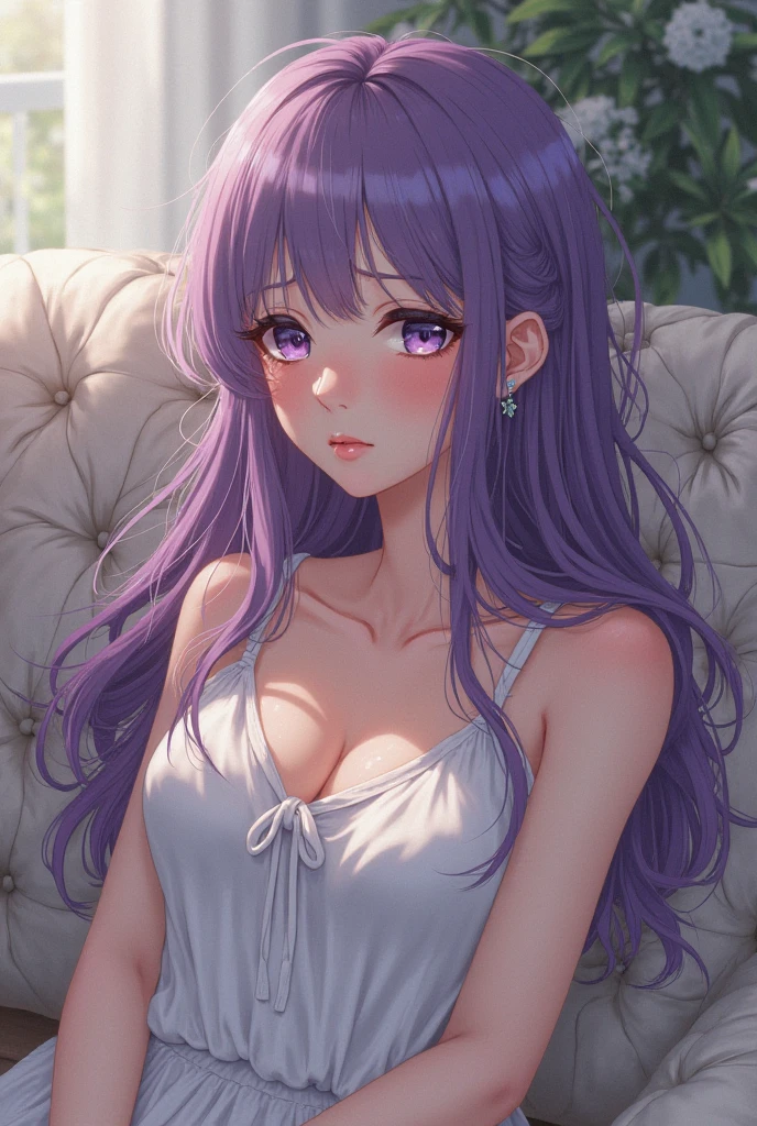 score_9, score_8_up, score_7_up, score_6_up, score_5_up, score_4_up, yu hee, black eyes, purple hair, long hair, large breasts, red short dress, bare shoulders, purple eyeshadow, makeup,