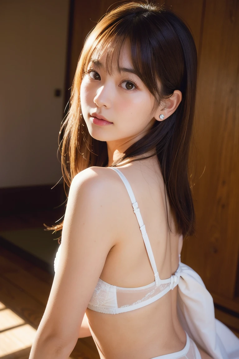 1 girl, alone, Japanese girl, high school girl, highest quality, 8k, High resolution, Ultra-detailed, Realistic, beauty, Dark brown hair, Medium Hair, 18-year-old, , Portraiture, Blunt bangs, Downward ponytail, Detailed face, Shiny skin:1.2, (((Japanese ,))),White bra:1.7,Black panties:1.3,