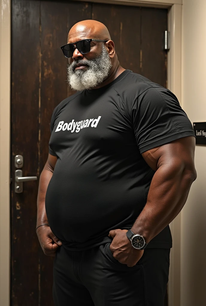 (8K Graphic Art) (bottom of a narrow hallway) sexy: A single bald African man without hair, obese, serious, 40 year old grumpy 35 meter tall bodyguard, corpulento de barriga con una forma redonda con un cuerpo obese completo, wearing a white uniform shirt, Long pants, sunglasses, with his arms supporting his stomach 