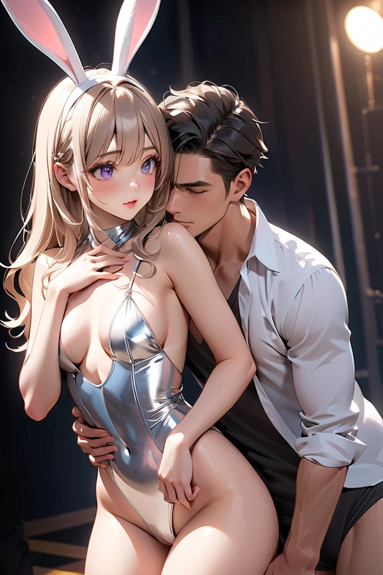 masterpiece, highest quality, High resolution, super detailed, perfect anatomy, detailed face, fine eyes, ((1 girl、1 boy)), a boy hugs a girl, hetero, (boy,grab from behind:1.5), silver hair, all fours