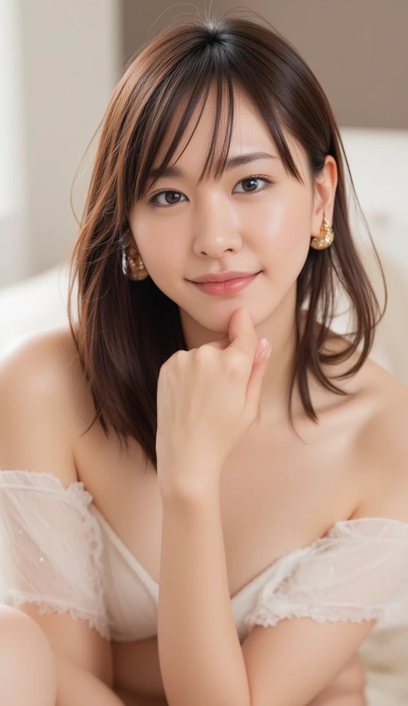 ((Realistic lighting、highest quality、8k、masterpiece:1.3))、Clear focus:1.2、One Girl、Perfect figure:1.4、Slim Abs:1.1、((Dark brown hair))、(outside of home、night:1.1)、street、Very beautiful face、I narrowed my eyes.、double eyelid、don't expose your skin, Supple body :1.3, Model Body Type:1.5, Perfect Style:1.4, Narrow shoulders, Beautiful clavicle, Thin arms, Long, slender legs, No bra, Slender figure, The beauty of slim abs :1.2, Thin waist :1.2, Ultra-detailed skin, Fair skin, Glossy Skin, Ultra detailed face, Slim face contour, beautiful small face, Beautiful lined nose, Ultra-detailed eyes, Slit eyes, Brown eyes, double eyelid, Ultra-thin eyebrows, fine long eyelashes, Ultra-detailed lips, Plump and moisturized lips, glossy pink lips, Flushed Cheeks, ((White beautiful teeth)), Beautiful actress's ennui makeup, pink lipstick, Dark Brown Hair, Delicate soft hair, Hair blowing in the wind, (Put your hair up, Medium Short Hair, ponytail:1.2), Layered Cut, (Blunt bangs:1.2), Cute smile, Mouth half open, A dreamy look, ((Staring at the viewer)), (((Photorealism,Shoot the whole body from the thighs:1.2))), ((The body is facing sideways)), Dynamic Lighting, (Dress up in a gorgeous fluorescent floral nightgown:1.2), ((Gorgeous Earrings, Silver Necklace)), Eco and bright background, ((Raise your face slightly)), ((Kiss the viewer:1.2)), ((Squinting)), ((pursing lips:1.2)), ((Fingers touching lips)), ((Blushing)), ((The cleavage is fluffy)), ((Flat Chest)), ((Small, swollen, moist nipples:1.4)), ((Fingers stroking nipples:1.2)), ((Beautiful small pink areola)), ((Pay attention to the nipples:1.4)), ((Put your arms out beside your face:1.2)), ((luxury hotel bedroom bed, The midsummer sun shines on the whole)), ((The large windows overlook the ocean horizon.:1.2)),
