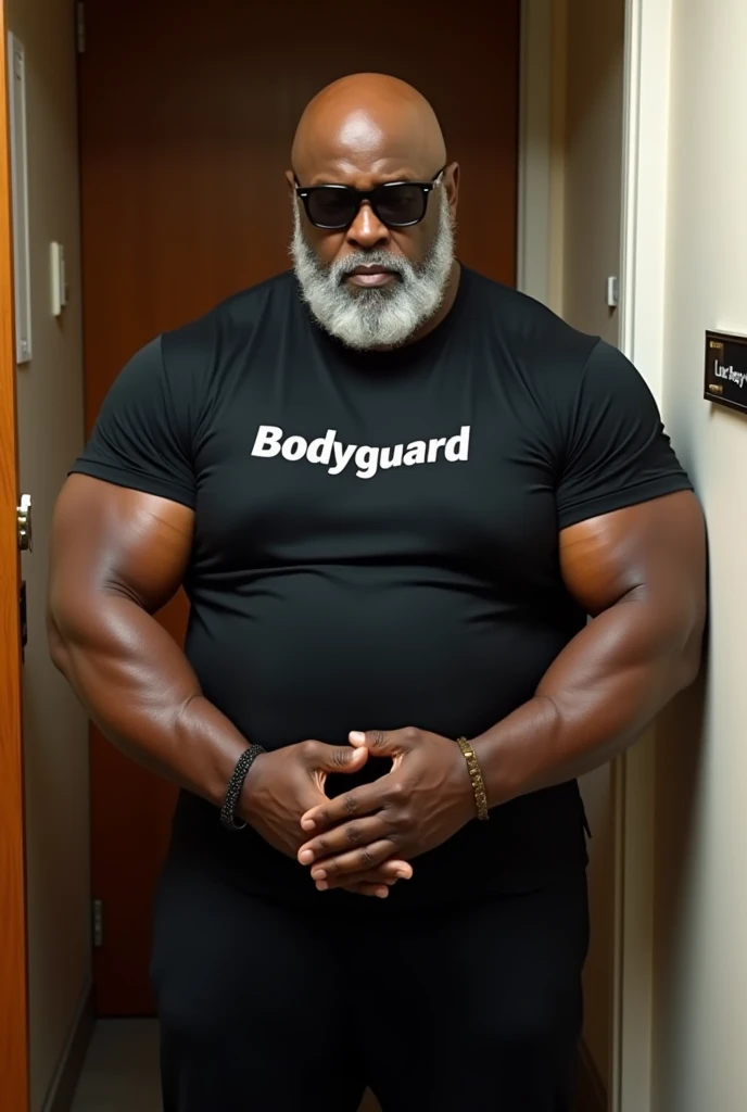 a very sweaty very old silver haired extremely muscular and extremely fat African American man over 70 years old , de 600 libras de peso,with very large and very flaccid pectorals with extremely large and pointed nipples, with muscles flexed, culturista,de cabello largo y ondulo, under a shower in a bathroom , usando una tanga