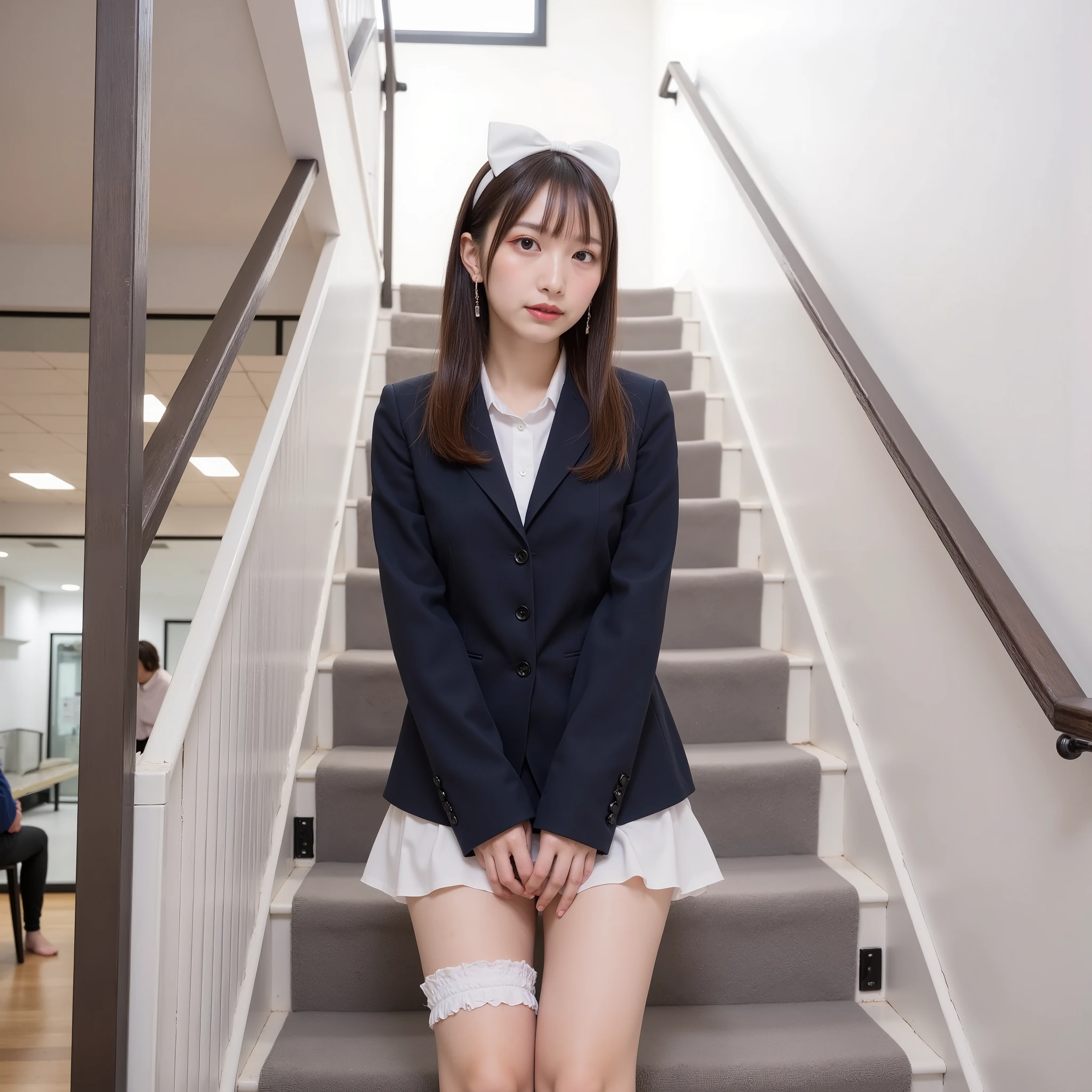 best image quality、score_9, score_8_ up 、masterpiece、(from below:1.5)、1 Japanese girl、high school girl、uniform、blazer、miniskirt、panties with DECOR、(Thighs:1.4)、(pee:1.5)、at the top of the stairs、station