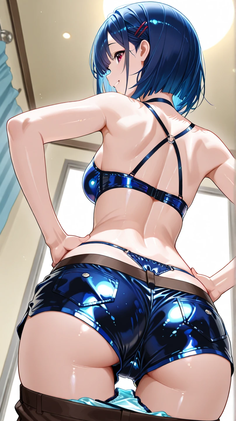 high definition, 8K, detailed face, huge ass, bubble butt, grabbing her ass, showing her ass, bending over, Bulma from dragon ball z, blue eyes, ((dark blue see through lingerie)), spa, (large breasts)), slim and thin, body of equal proportions, ((focus on her ass)), back view, four fingers and 1 thumb, ((2 hands)), blue and short hair, Beautiful smile, Smiling at viewer, blushing cheeks,