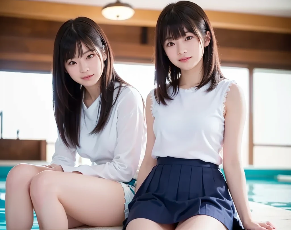 (In 8K、Highest quality、masterpiece:1.2)、(Realistic、Photorealistic:1.2)、Two girls in strapless towels at a hot spring,18-year-old,bangs,A small smile,Thighs,knees,Straight hair with a barrette attached with a red ribbon,From below,Front light