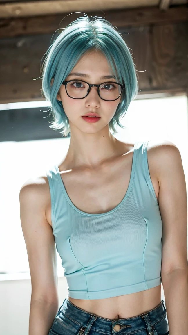masterpiece, Highest quality, One girl, alone, 23 years old, Adult, Turquoise Hair, Messy Hair, Asymmetrical Hair, Ahoge, Very short hair, Aqua Eye, Medium chest,  Toned Up, 167cm, Pale skin, Glasses, Grin, Olive green shirt, jeans, Abdominal Peek,