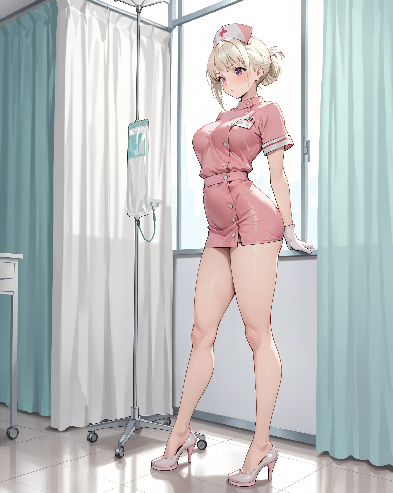 1woman, solo, nurse, white nurse cap, white nurse uniform, ((white legwear, zettai ryouiki)), white gloves, blonde hair, blue eyes, pink lips, smile, standing, ((hospital room)), sharp outline, short sleeves, mature female, 35 years old, best quality, masterpiece
