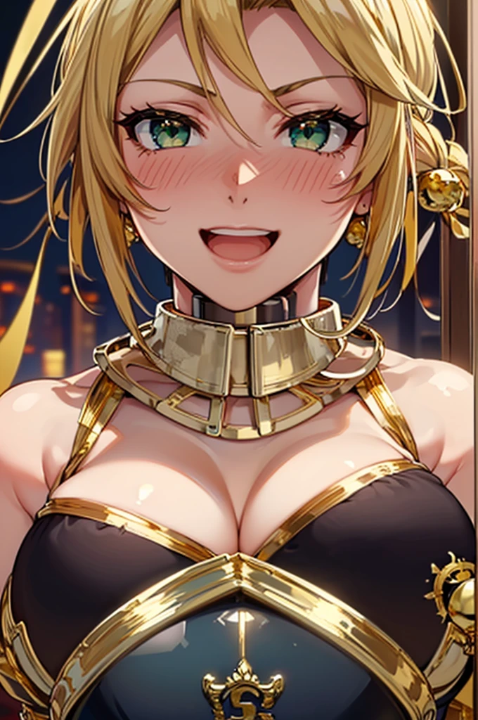 (masterpiece),(ultra-detailed), (high quality), (high resolution), (best quality:1.5, highres, UHD), highres, absurdo, ultra detail, ultra quality, Ultra resolution, 16k, 1girl, (3heads:1.5), girl with three heads, golden blonde hair, (((same hair color))), black dress, large breasts, cleavage,, charismatic, very shy, carefree, detailed hair,, (detailed glowing golden yellow eyes), ((ponytail)), Beautiful girl with accentuated slender abs, Guild Clothes, ((cheerful woman)), seductive silhouette,, smooth and lustrous skin, sexy proportions, slim legs, ((beautifully tall and slim woman)), futuristic city, gentle smile
