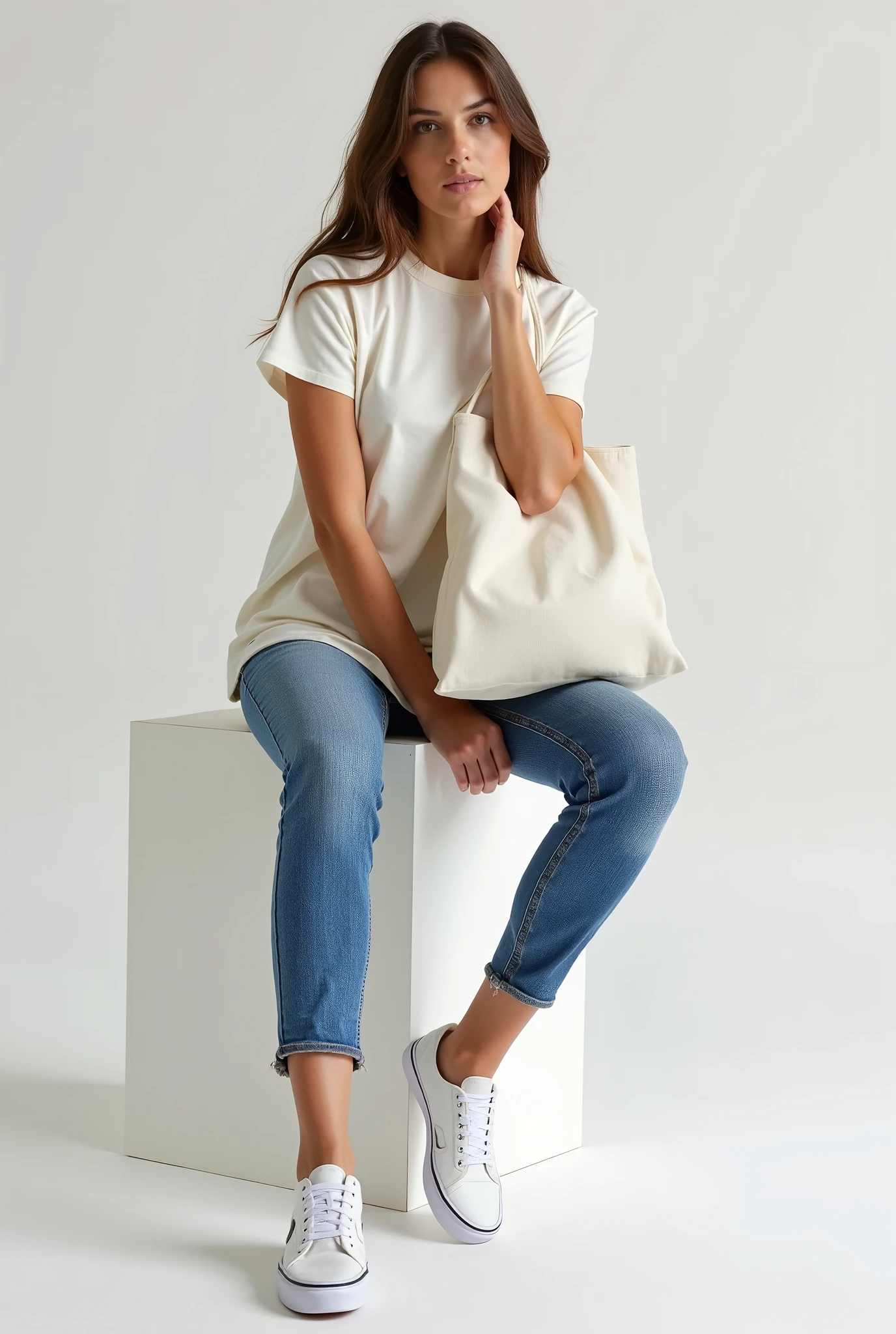 A beautiful Italian woman, Sitting on a white block wearing a loose t-shirt, tight jeans and (Vans® sneakers), holding one holding a white cloth bag, holding a raw cloth bag, square bag, Sustainable Materials , flat bag, holding an ecological bag, realistic photo, advertising photo, advertisement image, photo in perspective