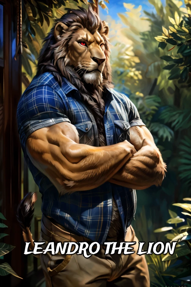 a man with the head of a lion, Blue t-shirt with plain fabric, black mane, red eyes, beige pants, angry expression, highly detailed, 4k, photorealistic, dramatic lighting, oil painting, masterpiece Background scenery, forest  (Same as the picture) Blue t-shirt, brown shorts, with sharp claws Sharp teeth , Pose of elegance .