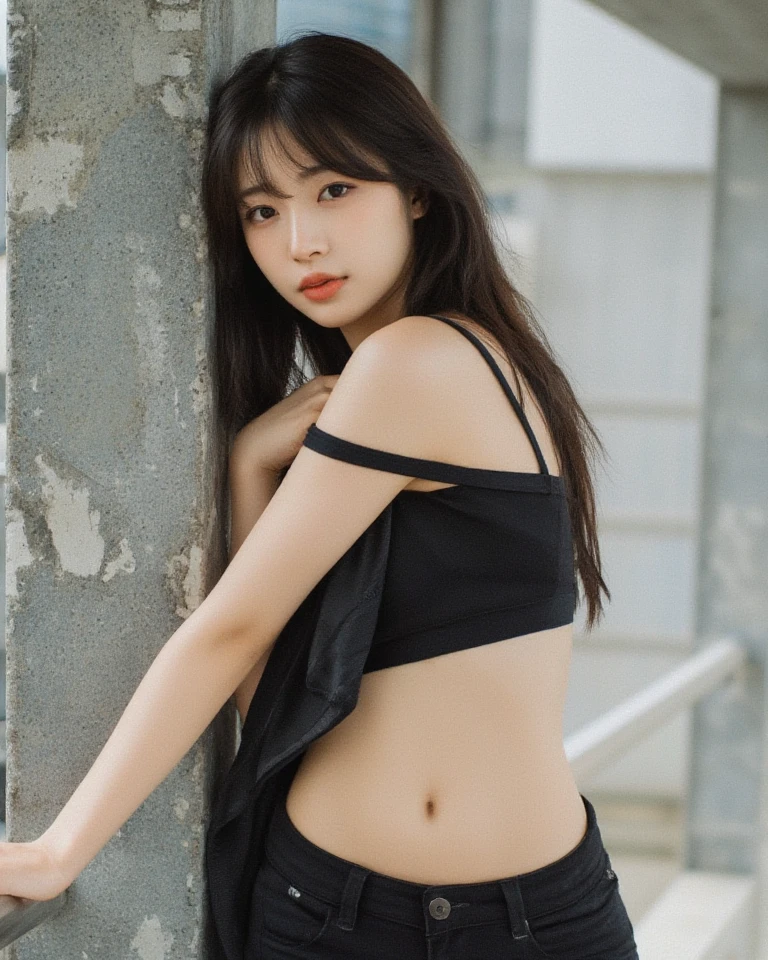 Best quality, masterpiece, ultra high res, (photorealistic:1.5), raw photo, 1girl, black offshoulder, show back,street background , deep shadow, low key, warm light, sexy look, long hair,35mm film
