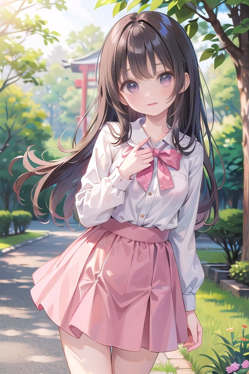 1woman,dark brown hair,Long wavy hair、uma mulher de 20 anos、((Impatient expression)),Beautiful Medium Large、white  shirt,navy blue pleated mini skirt,well styled,,(facing the front)(((blush cheeks、embarrassed expression)),(((The skirt is rolled up by the wind)))、(pink lace panties)、((facing backwards))、((Visible buttocks))