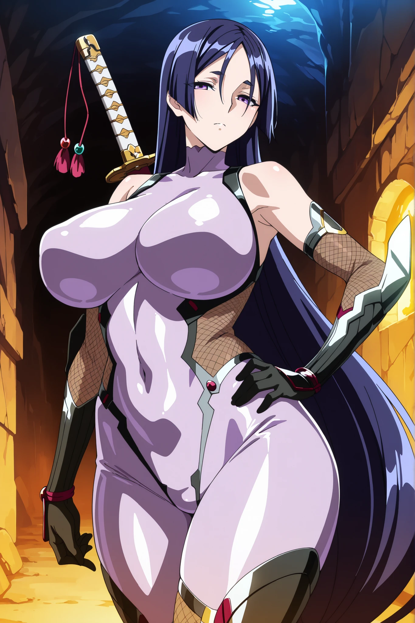 masterpiece, best quality, amazing quality, very aesthetic, absurdres, highres, newest, anime, 2d, anime screencap,1girl,large breasts, minamoto no raikou (fate), parted bangs, purple eyes, purple hair, very long hair,hime cut, forehead,, (purple bodysuit), bare shoulders, elbow gloves, fishnets, fishnet legwear,taimanin_suit ,posing,hand on hip,underground,sword on back