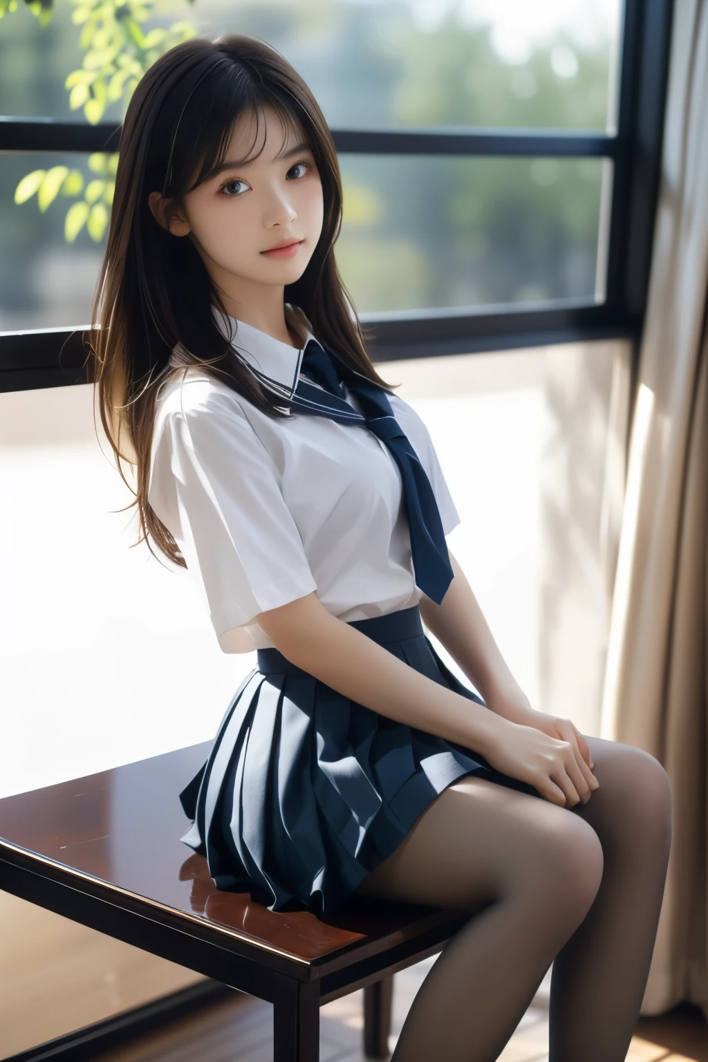 ultra realistic 8k cg, picture-perfect face, flawless, clean, masterpiece, professional artwork, famous artwork, perfect face, beautiful face, beautiful eyes, ((perfect female body)), solo,(immersive atmosphere, chiaroscuro:1.5,bright light:1.2,luminous lighting)
,,(blush:0.5),seductive expression,extremely detailed_eyes,thick thighs,large breasts,
beautifully detailed background,depth of field,realistic:1.3, long shot,1girl,shirt,pleated skirt, school uniform, sitting, full body,
(ambient light:1.3),(cinematic composition:1.3),(neon lights:0.1),(HDR:0.1),Accent Lighting, white pantyhose,