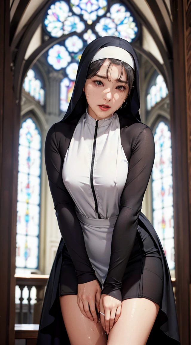 ordering books,priest,nun,battle suit,slim legs,holding pistol,
(cute half-asian girl),
(masterpiece, best quality),
