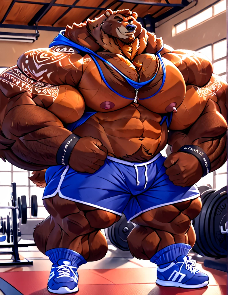 Huge muscular thick Bear bodybuilder shirtless in black gym shorts and wristbands flexing and posing at the mirror looking at his muscles pumped.