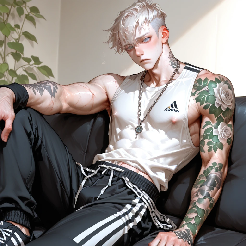 A handsome mature man, muscular, bare upper body, beige hair, beard, wearing black socks, with a white tiger tail, white tiger ears, red eyes, artistic tattoo on chest, ultra HD, super detail, wallpaper, 4k