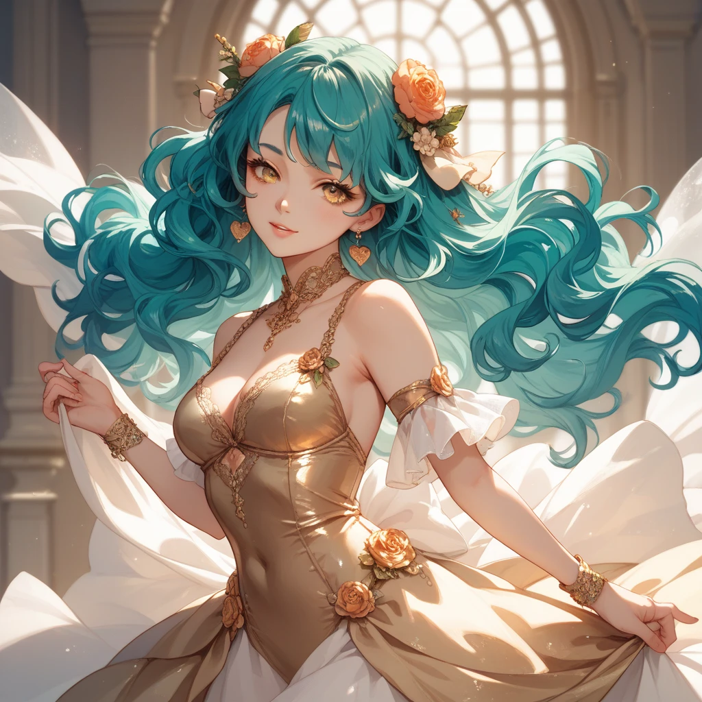 masterpiece, best quality, ultra-detailed, illustration, epic lighting, cinematic composition, 1girl, ceres_fauna, medium breasts, green hair, braid, braided bangs, yellow eyes, cleavage, single braid, antlers, jewelry, anklet, hair flower, multicolored hair, long hair, hair ornament, green flower, streaked hair, earrings, white thighhighs, bow, wide sleeves, leaf, blue dress, horns, cowboy shot, looking at viewer, outdoors, nature, simple background, (8k:1.1)