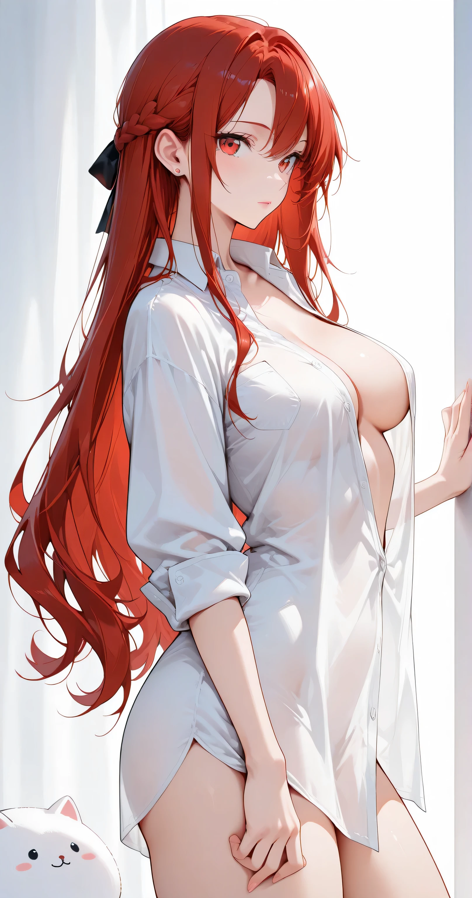insanely detailed,
Cute anime-style 1girl, Cell-shaded style,
Sharp focus, clear lines, crisp outlines, dynamic but clean line art, accentuated contour lines with fine detail, Harmonized colors,
Masterpiece, best quality, ultra-detailed, 8k resolution,
perfect anatomy, correct hand structure, 4 fingers and 1 thumb, elegant and natural pose, visible fingernails(1.3). no tattoos or symbols on face(1.9).
Alluring mystique, stunning clarity,
glossy highlights, flowing strands, silky smooth hair, delicate strands,
intricate irises, large highlights, subtle intensity in gaze, clear eyes, Beautiful Eyes, cool eyes, soft eye shading, refined eye area, Ultra-detailed eye contours, exquisite eyelashes,
Beautiful breasts, soft and natural, elegant collarbones, and cleavage, Perfect curvy figure, elegant lines, smooth curves, slender legs,
fair flawless skin, dewy radiance, soft pink lips(0.5),
Upturned beautiful almond-shaped eyes,
Detailed warm red eyes with subtle golden undertones,
(crimson hair color, long hair), French braid,
Sleek and toned figure, ((medium and soft breasts)),
simple stud earrings, bare foot,
pure white dress shrit, oversized shirt, untucked shirt, see-through shirt, shirt overhang, Left chest pocket, barefoot, sleeves rolled, up, dress shirt collar(1.3), open shirt, unbuttoned shirt, tented shirt,
standing, arched back, Tippy Toe,
bewitching grace, expressionless,
white simple background,
Backlight,
looking at viewer,
cowboy shot, side view, extreme close-up view,
Highly detailed face, refined body, flawless skin.