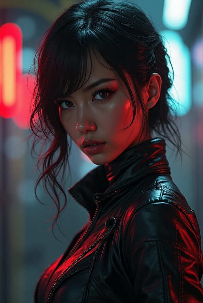 Female Asian, serious face, messy hair tied with neon tips, amber eyes, cybernetics in eyes, scar on left eye, left arm with few Black carbon cybernetics, neon designer coat clothing, tattoo with family symbol on forearm, night alley background, moon reflection on Walter, Pose crouched on the floor against sharpening carbon robot arm blade