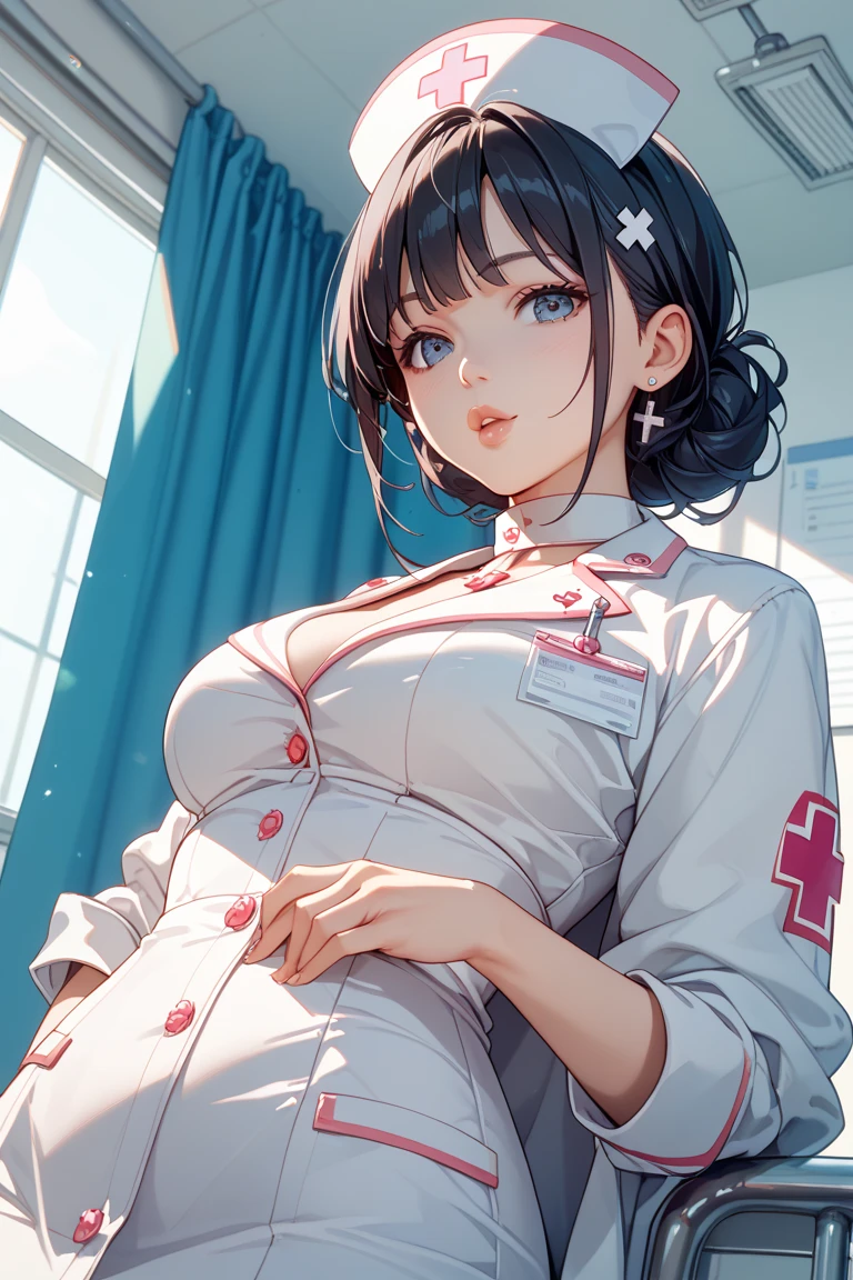 Infirmary,窗帘,one-girl,Bust photo,Nurse's uniform,ssmile,looks into camera,Be red in the face,nurses,white dresses,tmasterpiece,The best quality,The is very detailed,cleavage