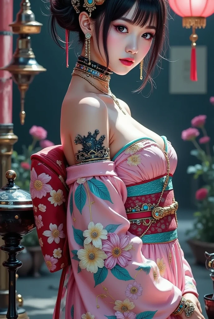 ((Best Quality)), ((Masterpiece)), (Detail: 1.4), 3D, Beautiful Cyberpunk Female Image, HDR (High Dynamic Range), Ray Tracing, NVIDIA RTX, Super Resolution, Unreal 5, Subsurface Scattering, PBR Texture, Post-Processing, Anisotropic Filtering, Depth of Field, Maximum Sharpness and Sharpness, Multi-layer Texture, Albedo and Highlight Mapping, Surface Coloring, Mitsu-Accurate Simulation of Material Interactions, Perfect Proportions, Octane Rendering, Two-color Light, Large Aperture, Low ISO, white balance, regular three-point, 8K RAW, beautiful bright pupils, flowing robe, fine pupils, delicate face and eyes, long eyelashes, blush, fluffy hair, pink lips, pure, cute, cherry blossom petals falling, butterfly