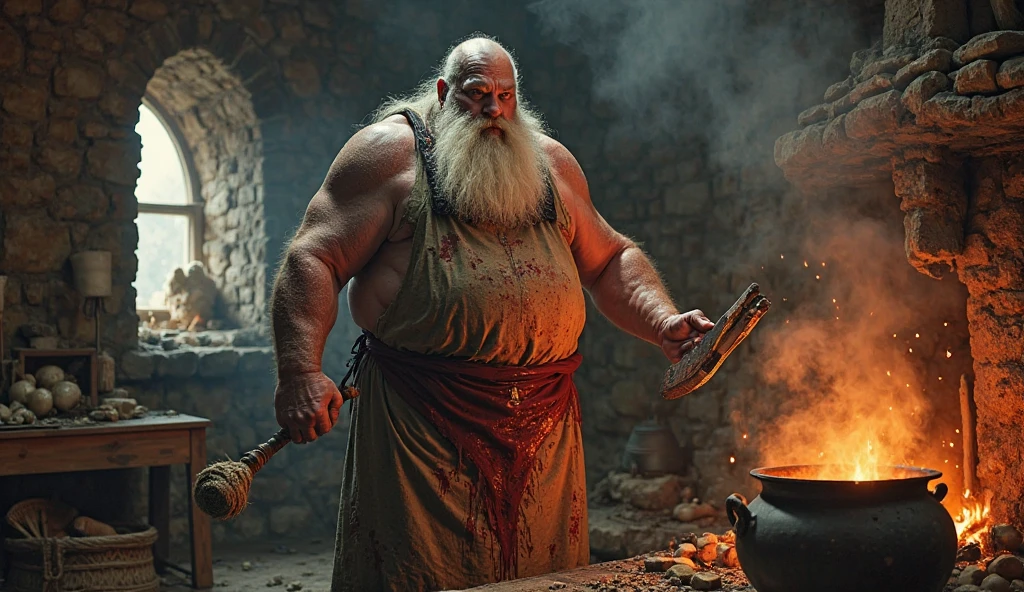 An obese man having an axe in his hand standing inside the primitive house