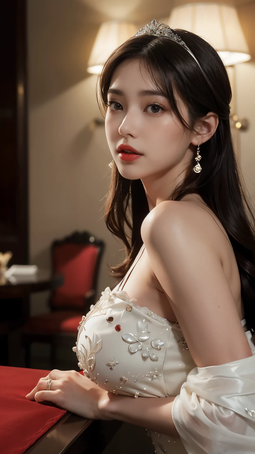 {{{masutepiece}}}, (26 year old young woman)、{Extremely delicate and beautiful}, (Solo:1.5), (Best Quality:1.2), (Ultra-high decomposition energy A, Photorealistic, Raw foto:1.4), 8K, Cinematic lighting, beautiful lighting, Professional Lighting, physically-based renderingt, photon maping, Radio City, Detailed and Intricicated, Detail Face, High quality, nffsw (English) (English)、Wow big、Big big、(503)、Very big big、delicate and dense skin texture,,,,,,,,,,,,,,,,,,,,,,、Detailed red-black 、bright red lips、Crystal clear white skin、Detailed red-black areola、Delicate brown Ailfi long brown hair、Chubby body type、(Gorgeous and gorgeous dress)、Gorgeous accessories、colorful headdress、(nocturnal(Skyscraper Hotel)what'Stay inside?)、detailed huge 、