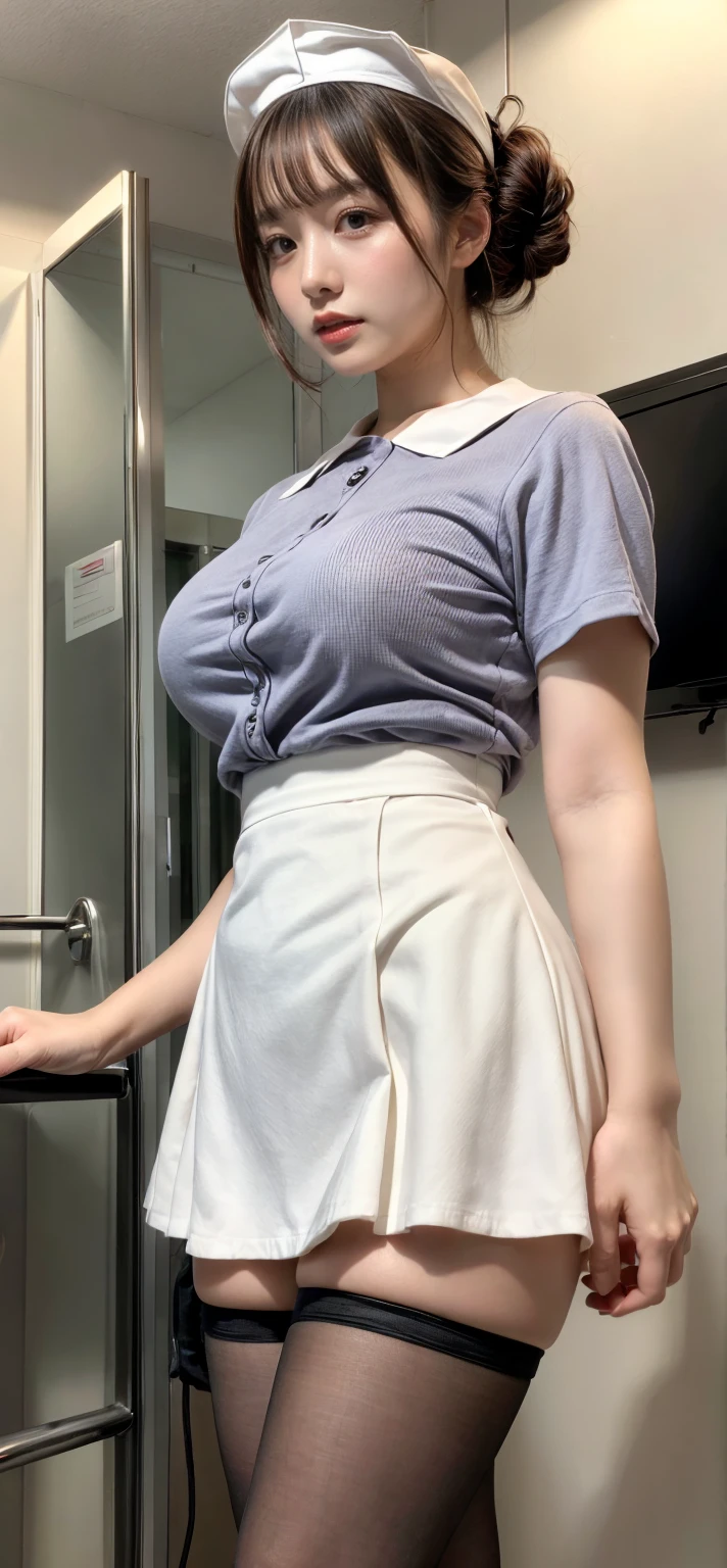 (((nsfw)))、close range、Beautiful woman、cute、((Female Nursery Teacher))、smile、Extra Very Short Hair、((Delicate photo))，(Detailed RAW photos of girls), (Tabletop:1.0), (Highest quality:1.6), (Ultra-high resolution:1.5), (Realistic:1.75), 8K resolution, Absurd, Ultra-detailed,Cinema Lighting,、nursery school、((Wearing an apron))、(Hairstyle with bangs)、Long sleeve T-shirt、((Colorful kids room:1.1))、((Lots of toys:1.))、((cute壁紙の部屋))、((Simple panties are visible:1.2))