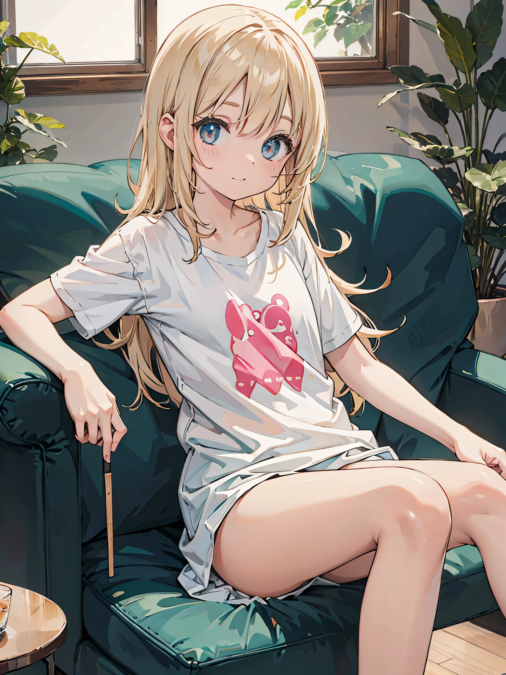 28yo、indoor、 video viewer , GLAMOROUS BODY、 Relaxing on the couch、wicked smile on Vega、A thin t-shirt with large dowels and a flat dowel、The bottom of the t-shirt is naked、droopy eyes、Sitting on a chair 、wide open legs