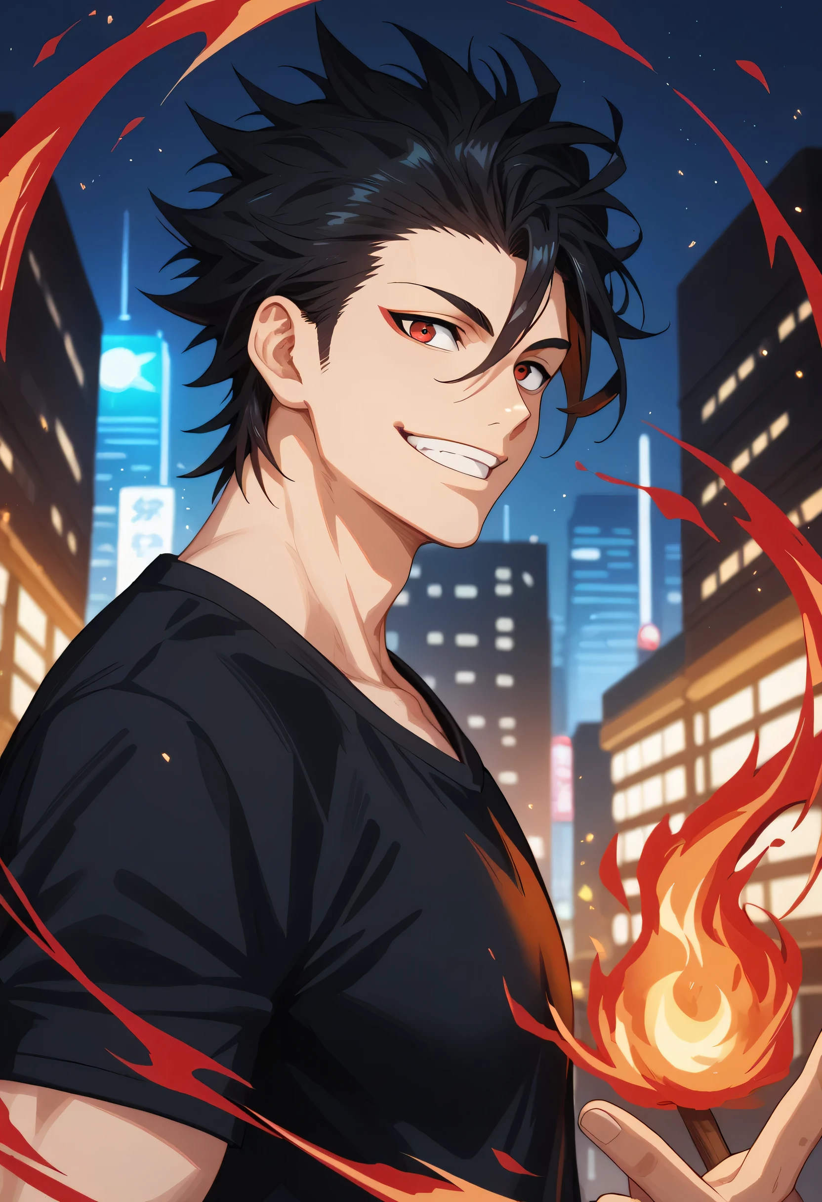 black hair, man, red eyes, white skin, strong, strong physique, black shirt, focus on character, city in background, night, smiling, cheerful, messy hair, looking at viewer, anime style, young, athletic, wizard, Gojou satoru, Magic, Red magic, red Magic, dragon, Magic dragon, dragon Magic, Dragon Monster, Dragon, Red dragon, Fire, side view