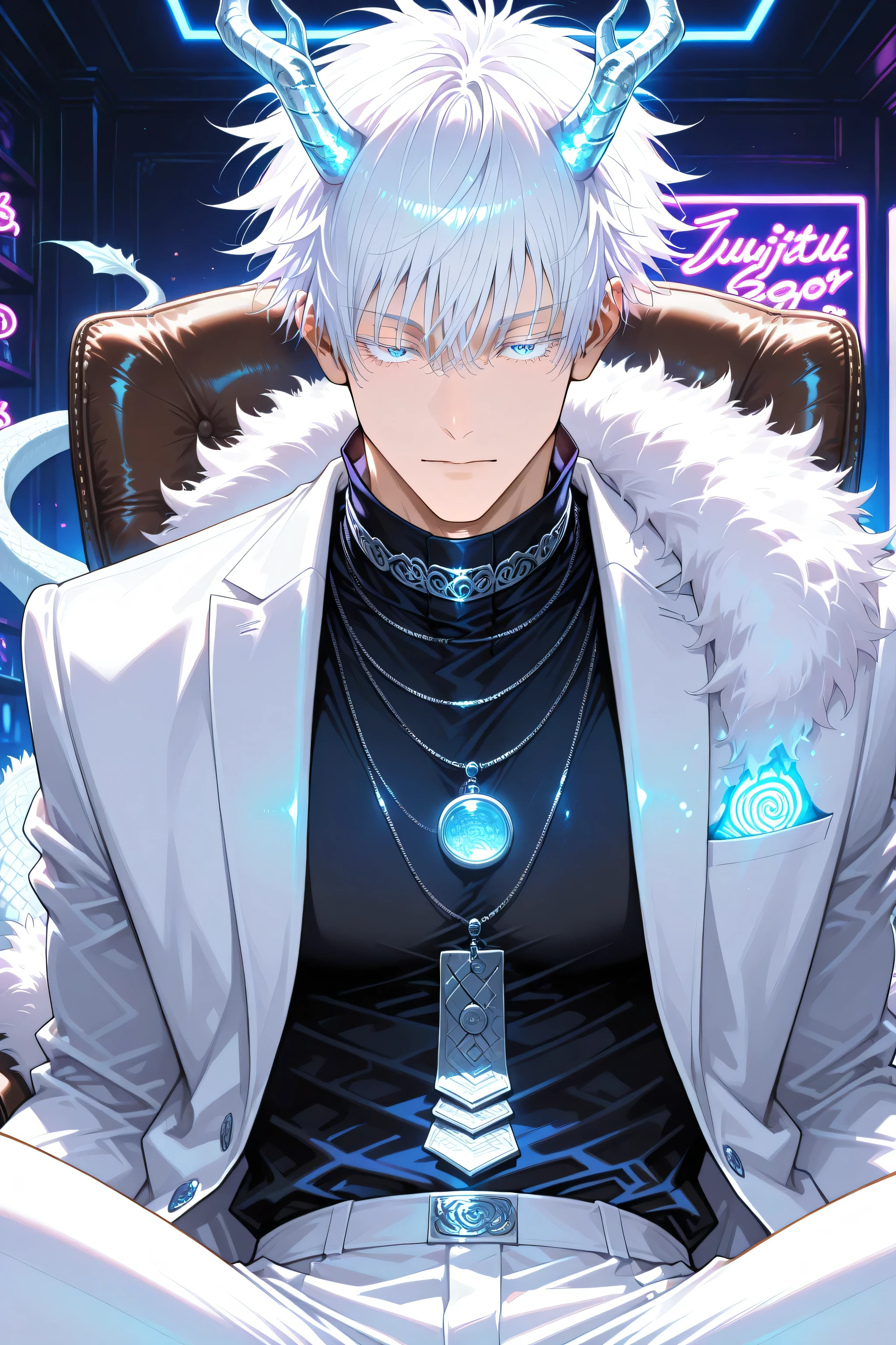 1man, gojou satoru /(jujustu kaisen/), detailed eyes, blue eyes, white hair, short hair, detailed eyelashes, colored eyelashes, sexy man, trained body, muscular, handsome, cool, mature man, adult, male, elegant man, heterochromia, fur boa, black shirt,Collar shirt, cleveage,white suit jacket, white pants, silver jewellery, horn jewellery, emotionless, bust shot, face in focus,sitting, leather chair, dark room, neon lights, close up, facing viewer, dragon horns, dragon tail, white dragon tail,intensely saturated lighting effects, luminous reflections, HDR-like contrast, vibrant color palette,glowing lights, vibrant reflections, surreal lighting, HDR effect, cinematic vividness,bright eyes, bright effects:1.1, contrasting colors,